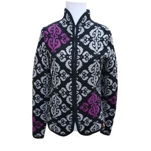 NEVE Geometric Wool Cardigan Jacket Hook Eye Notched Back Black Gray Purple Sz S